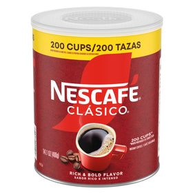NESCAFÉ CLÁSICO dark roast canister front view showing premium instant coffee for quick mornings.
