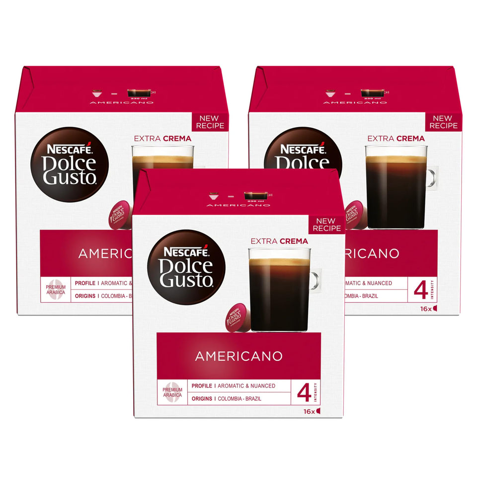 Nescafe Dolce Gusto Americano capsules pack-3; convenient, compatible with Dolce Gusto machines.