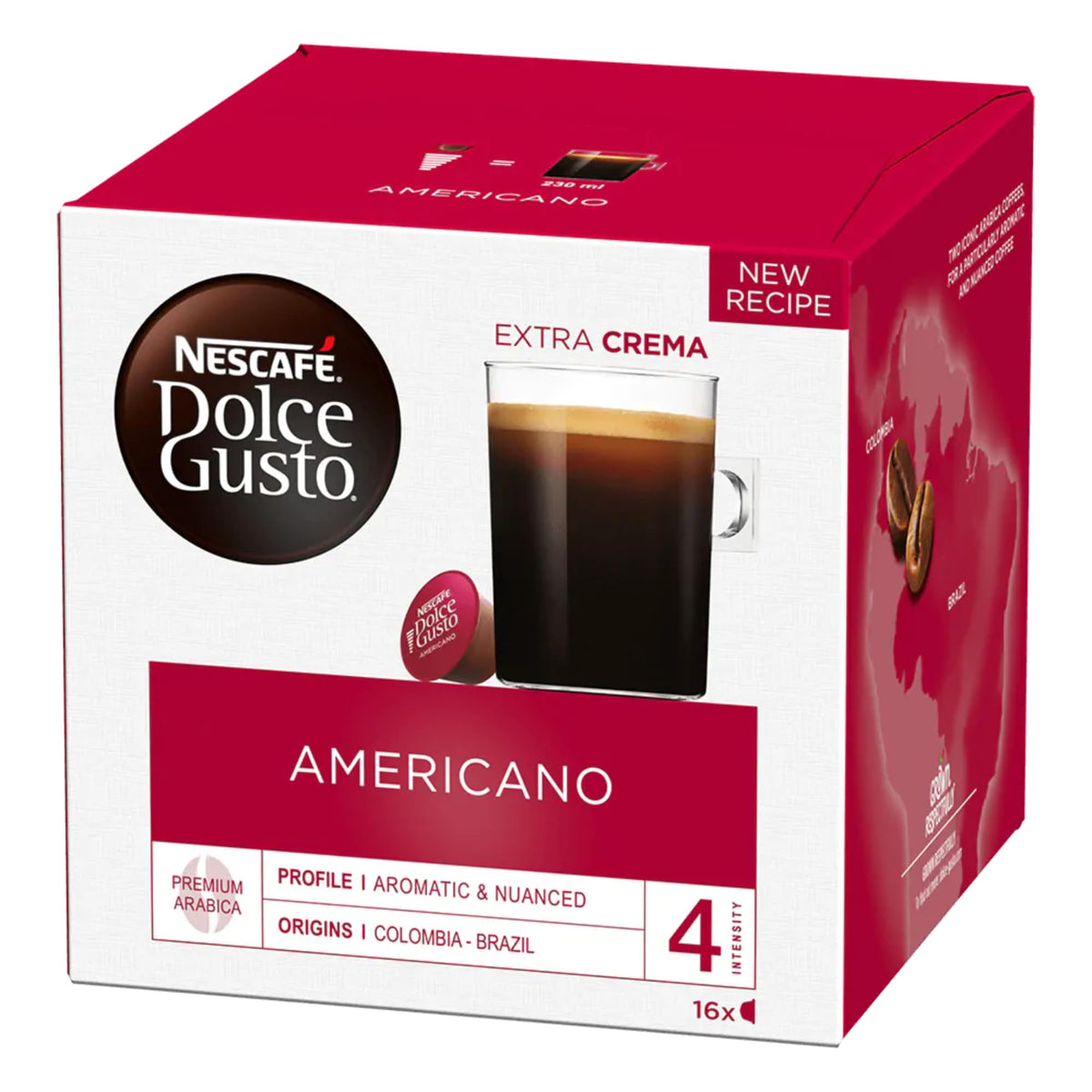Nescafe Dolce Gusto Americano crema highlights rich, velvety crema.