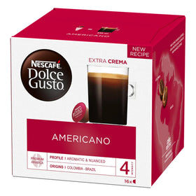 Nescafe Dolce Gusto Americano crema highlights rich, velvety crema.