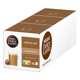 Close-up of Nescafé Dolce Gusto Café au Lait capsules, 16-per-box for consistent results.