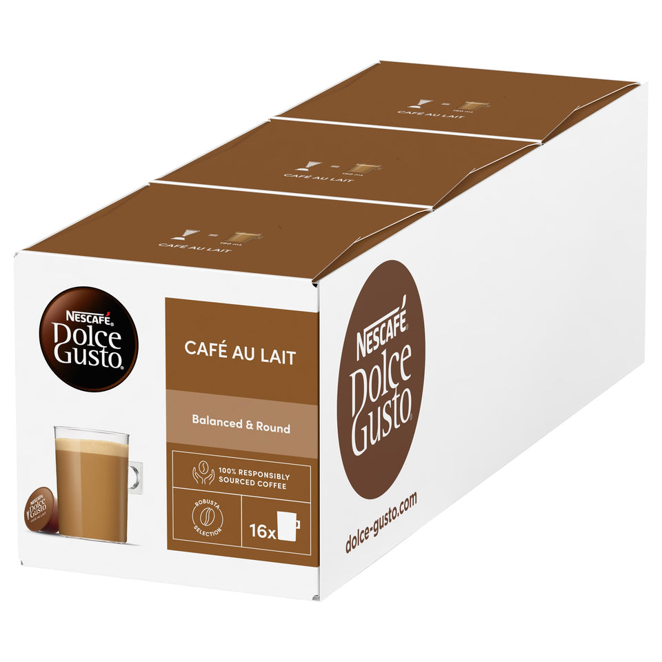Nescafé Dolce Gusto Café au Lait capsules pack for quick milky coffee.