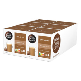 Nescafé Dolce Gusto Café au Lait pack shows convenient six-box setup for busy mornings.