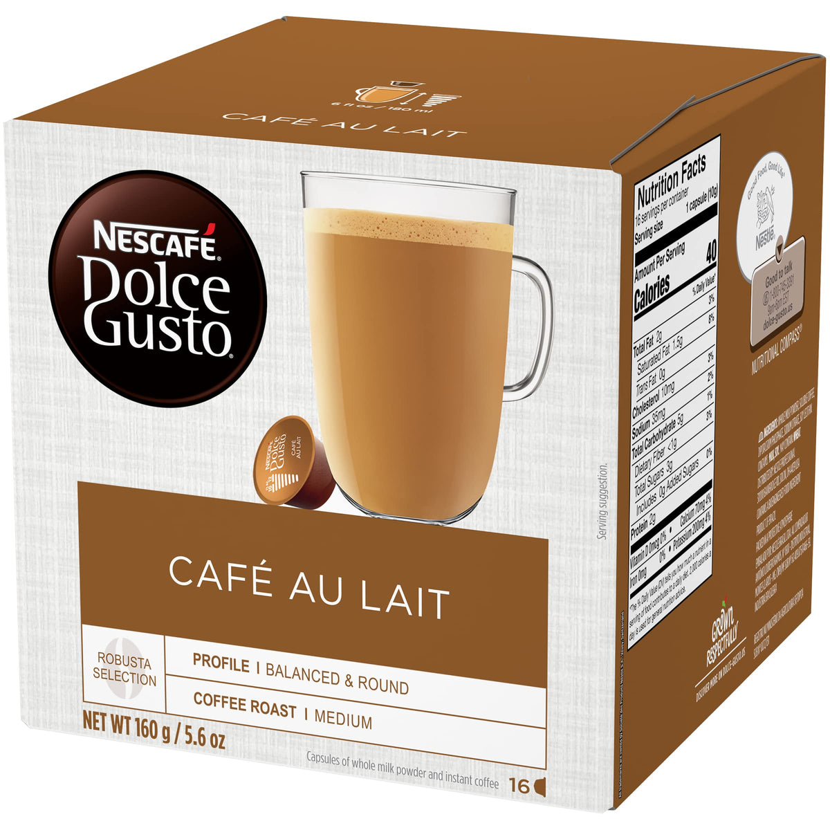Nescafé Dolce Gusto Café Au packaging showing 36 capsules for convenience.
