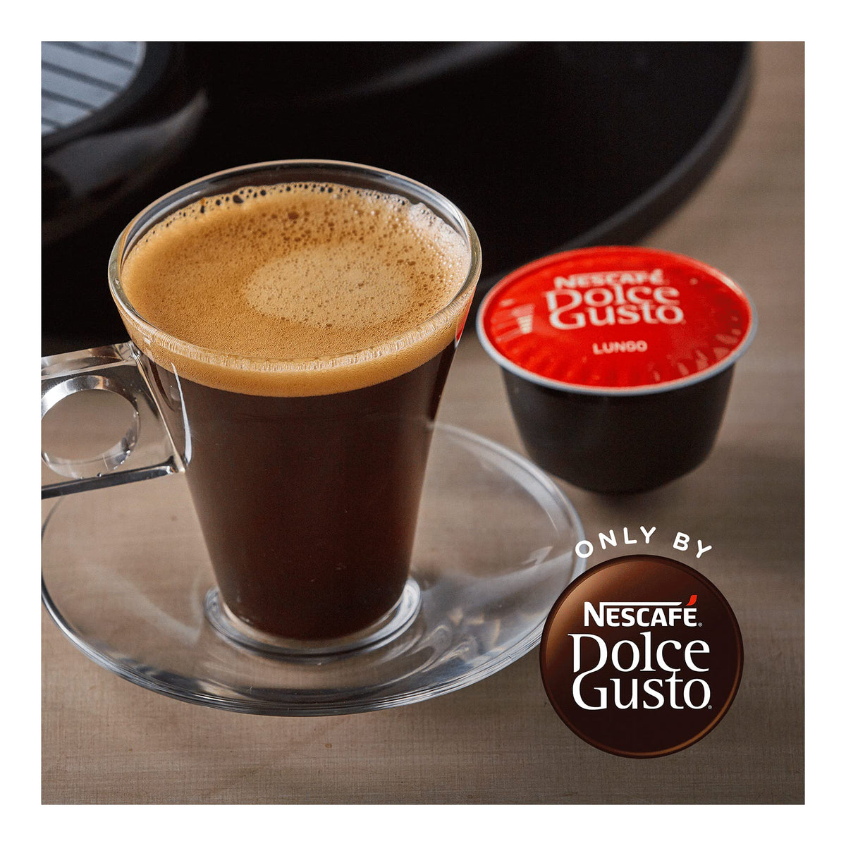 NESCAFÉ Dolce Gusto Arabica blend capsule highlights a smooth, high-quality long coffee.