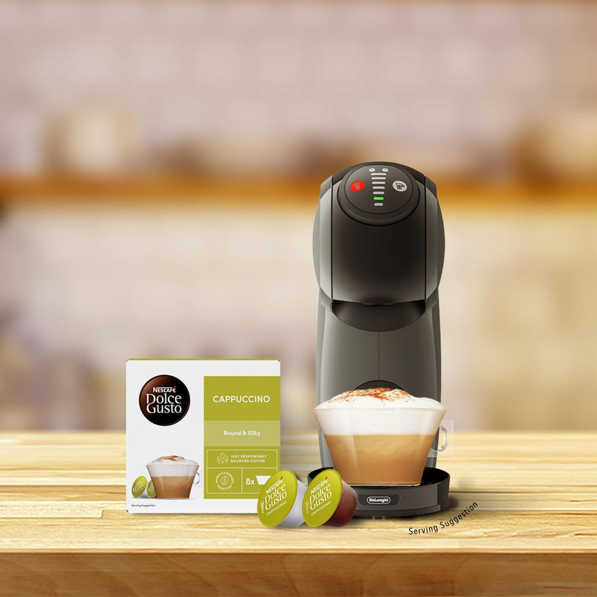 Nescafe Dolce Gusto Cappuccino brew in a compact capsule system for easy mornings.