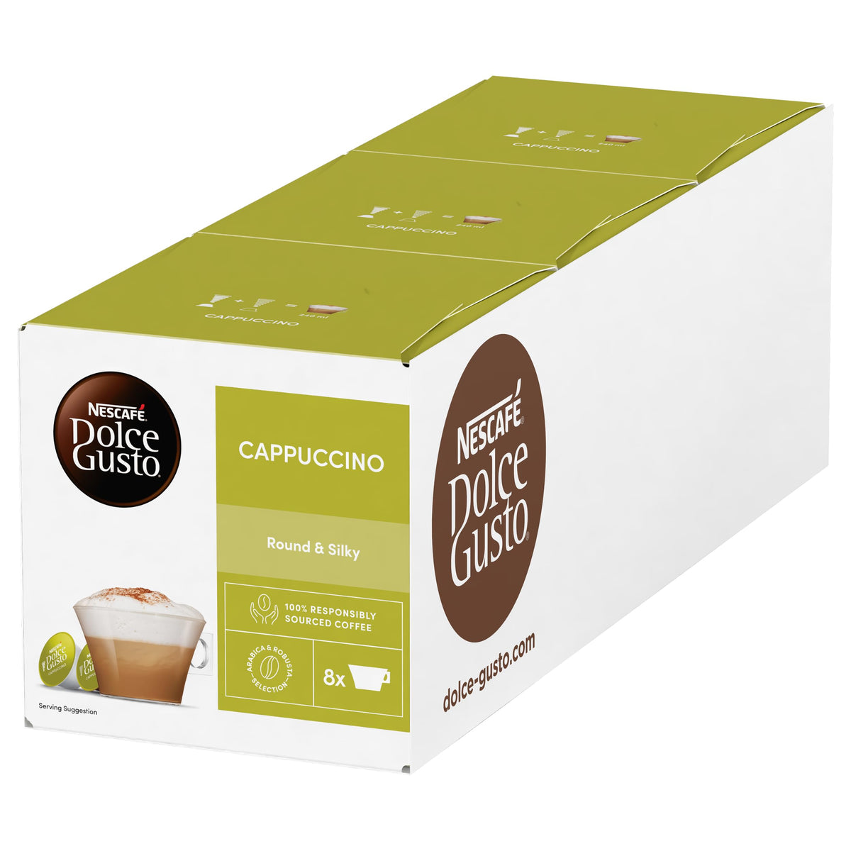 Nescafe Dolce Gusto Cappuccino cup shows rich espresso and velvety foam for cafe-style mornings.