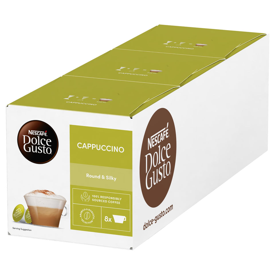 Nescafe Dolce Gusto Cappuccino cup shows rich espresso and velvety foam for cafe-style mornings.