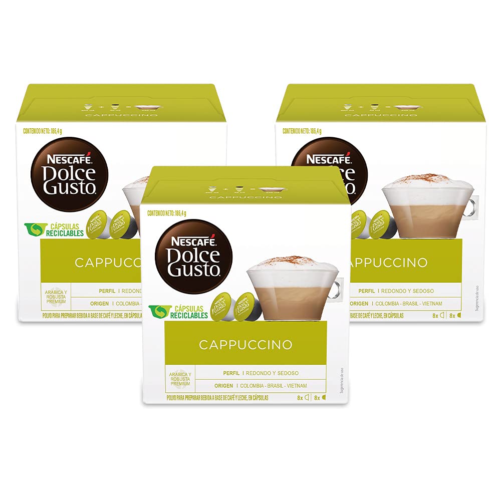 NESCAFÉ Dolce Gusto cappuccino pack front with espresso and milk capsules for cafe-style drinks