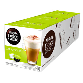 Nescafé Dolce Gusto cappuccino packaging with 3-pack for easy restocking