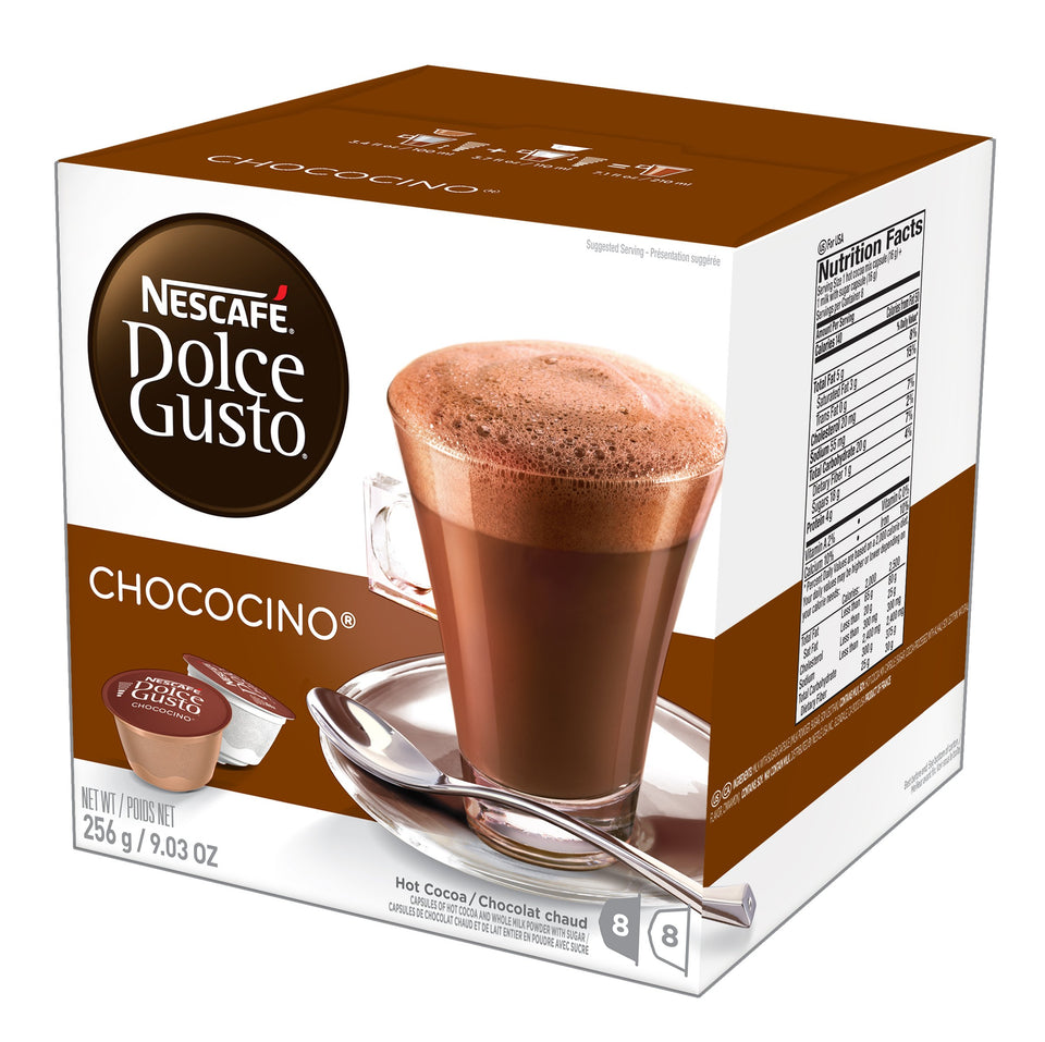 NESCAFÉ Dolce Gusto Chococino box packaging showcases convenient single-serve capsules.