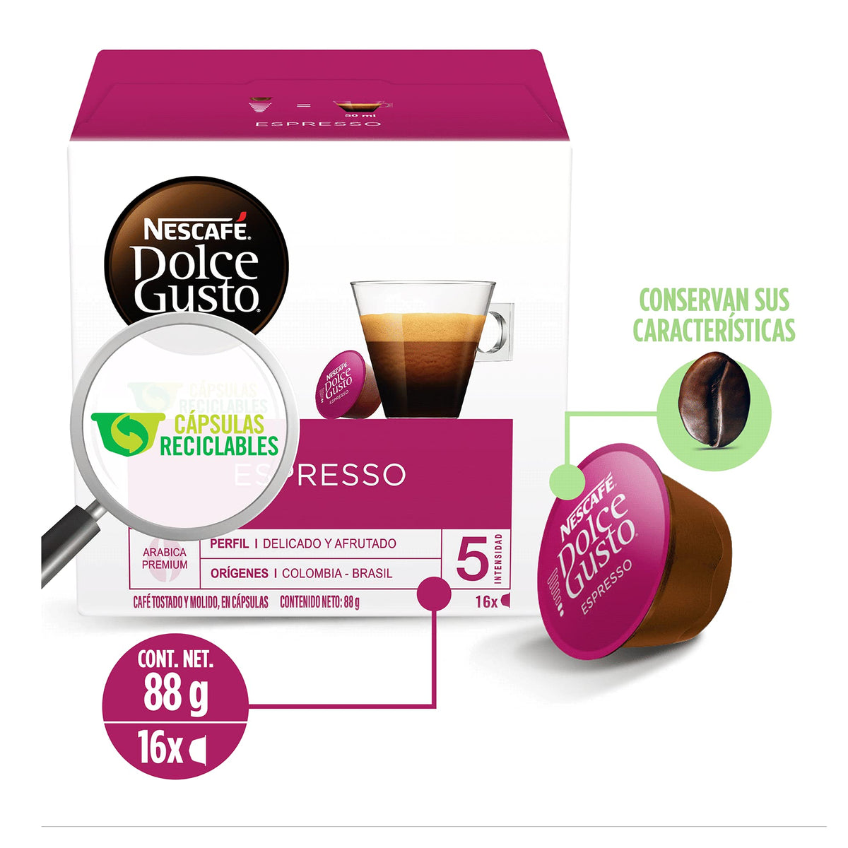 Branding on Dolce Gusto espresso pods showing quality and aroma.