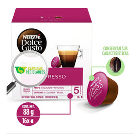 Branding on Dolce Gusto espresso pods showing quality and aroma.