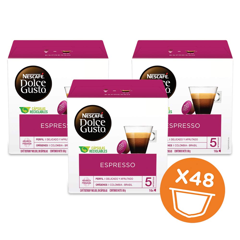 Three-pack display of Nescafé Dolce Gusto espresso pods for bulk value.