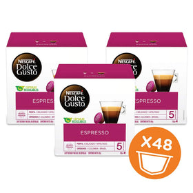 Three-pack display of Nescafé Dolce Gusto espresso pods for bulk value.