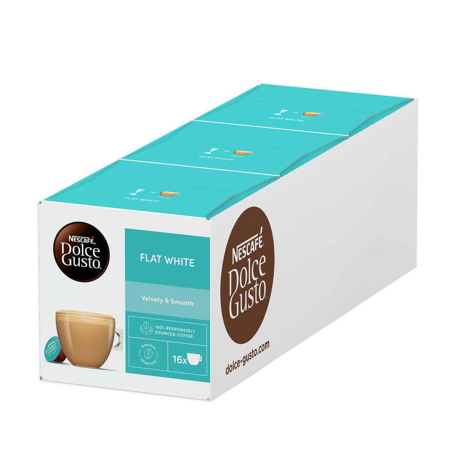 NESCAFÉ Dolce Gusto Flat White capsules deliver a creamy espresso with silky milk foam for a morning ritual.