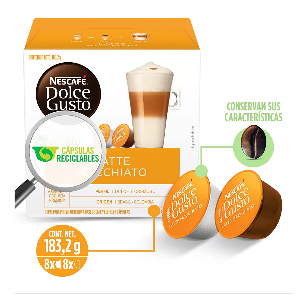 Nescafé Dolce Gusto Latte Macchiato layered espresso shot close-up showcases three distinct layers.