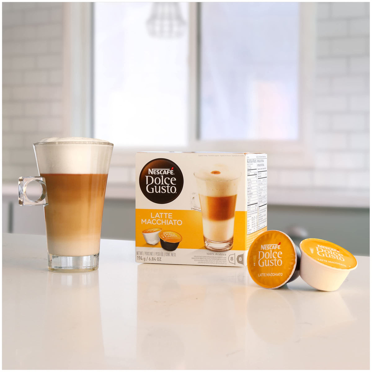 Nescafé Dolce Gusto Latte Macchiato packaging showing three-pod box for convenient use.