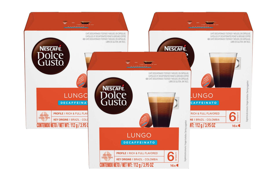 Nescafe Dolce Gusto Lungo Decaf capsules pack—rich flavor for quick coffee moments.