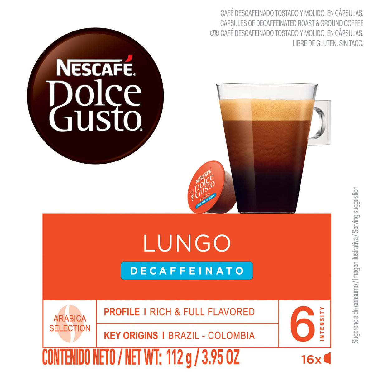 Nescafe Dolce Gusto Lungo Decaf crema portrait—silky crema enhances every cup.