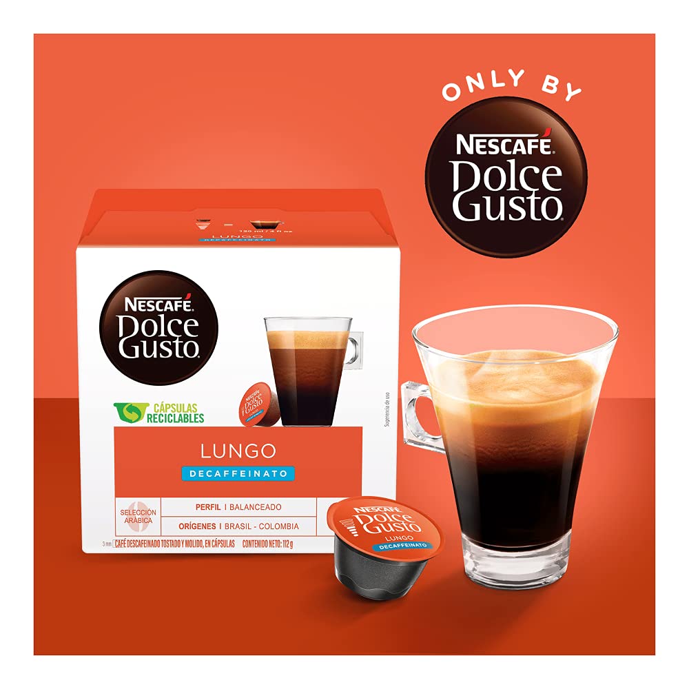 Nescafe Dolce Gusto Lungo Decaf machine compatibility—works with Dolce Gusto machines.