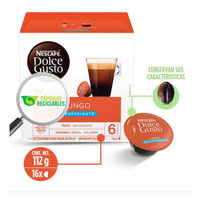 Nescafe Dolce Gusto Lungo Decaf packaging—hermetically sealed to preserve aroma.
