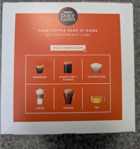 Nescafé Dolce Gusto packaging display featuring three-pack pods for home or office use.