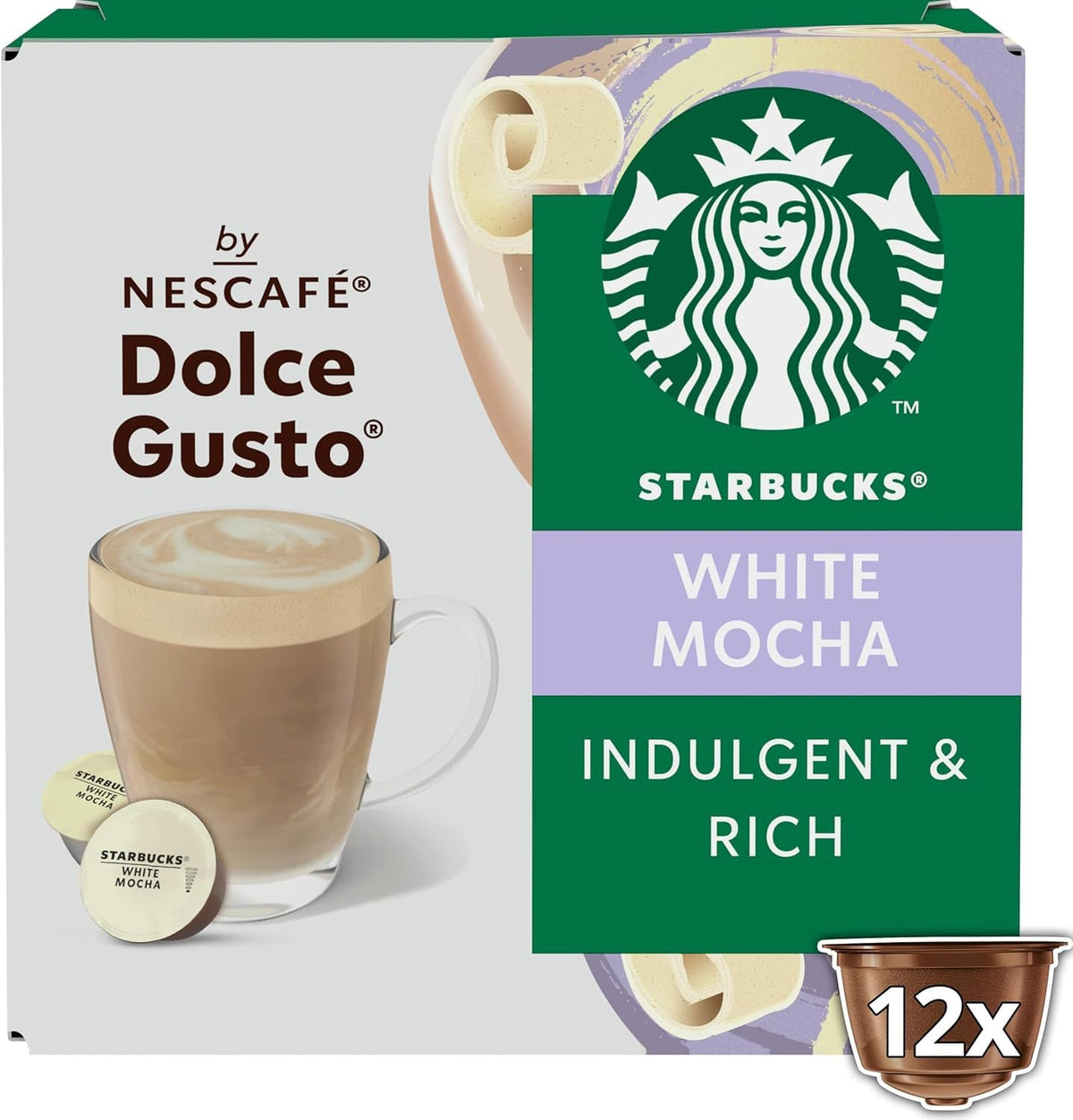 Close-up of Starbucks White Mocha pod highlighting rich flavor and creamy texture