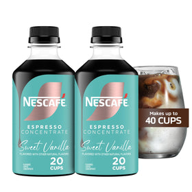 NESCAFÉ Espresso Concentrate Sweet Vanilla bottle closeup showing bold aroma for iced lattes
