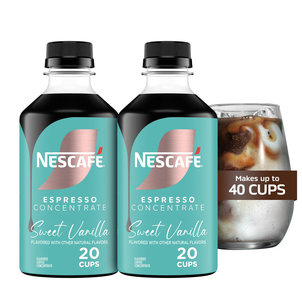 NESCAFÉ Espresso Concentrate Sweet Vanilla bottle closeup showing bold aroma for iced lattes