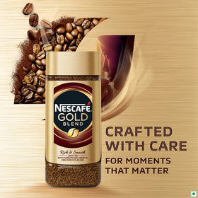 Nescafe Gold 200g jar on counter presenting everyday premium coffee.