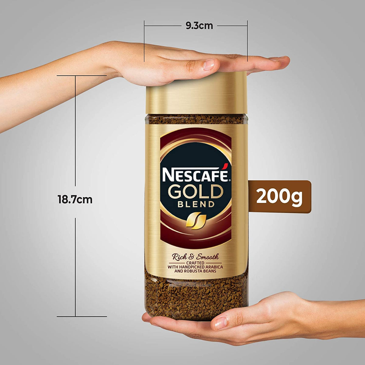 Nescafe Gold 200g whole-bean beside grinder shows flexible brewing options.