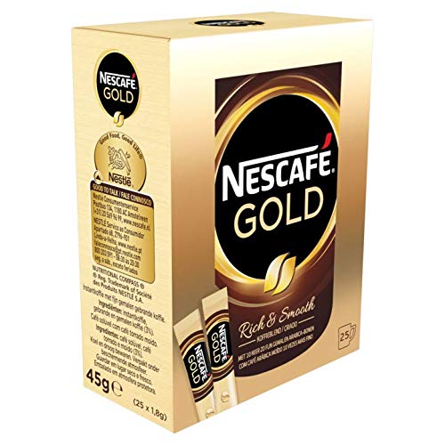 Nescafé Gold 25-pack packaging shows refined coffee sticks for rich aroma in every cup.
