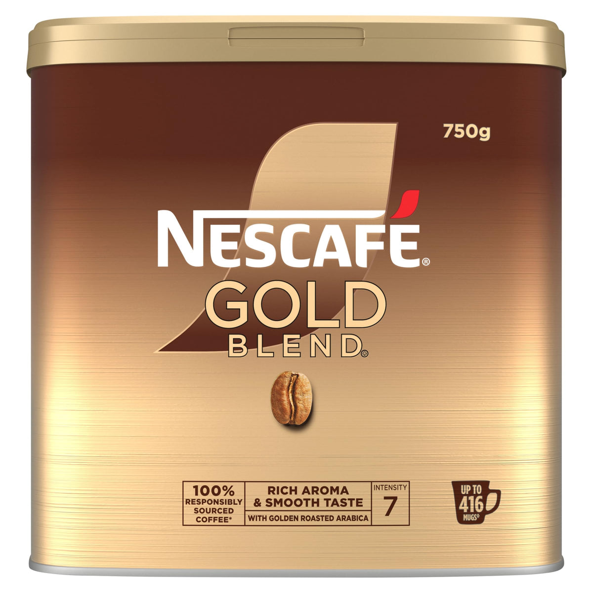 NESCAFÉ GOLD BLEND 750g tin on a kitchen shelf, showcasing easy storage