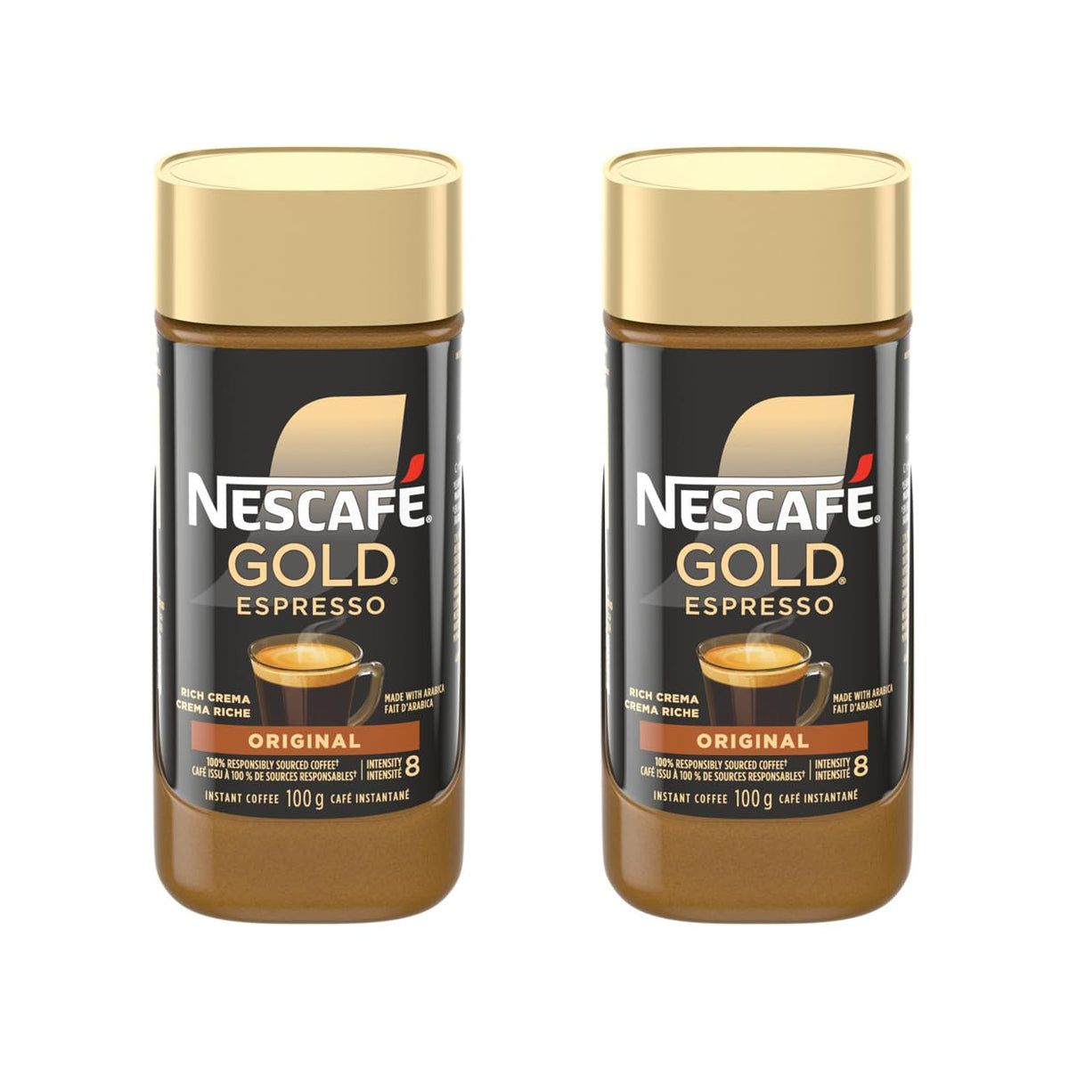 Nescafe Gold Espresso instant coffee jar shows the two-pack packaging for easy everyday use.