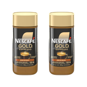 Nescafe Gold Espresso instant coffee jar shows the two-pack packaging for easy everyday use.