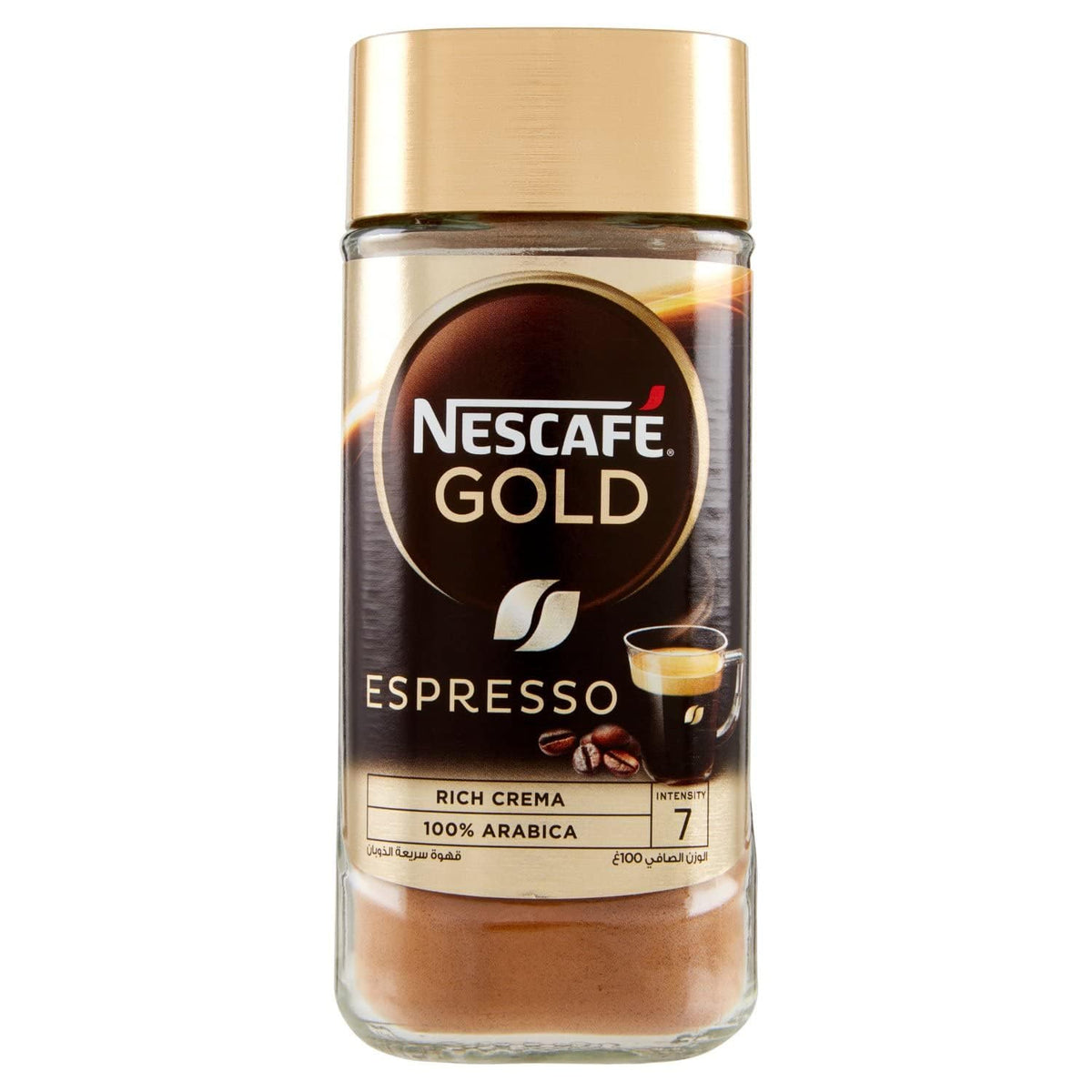 NESCAFÉ Gold Espresso jar back highlights 100 g jar capacity and aroma.