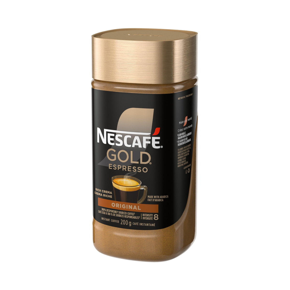 Close-up of NESCAFÉ Gold Espresso jar highlighting rich aroma.