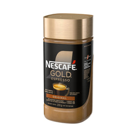 Close-up of NESCAFÉ Gold Espresso jar highlighting rich aroma.