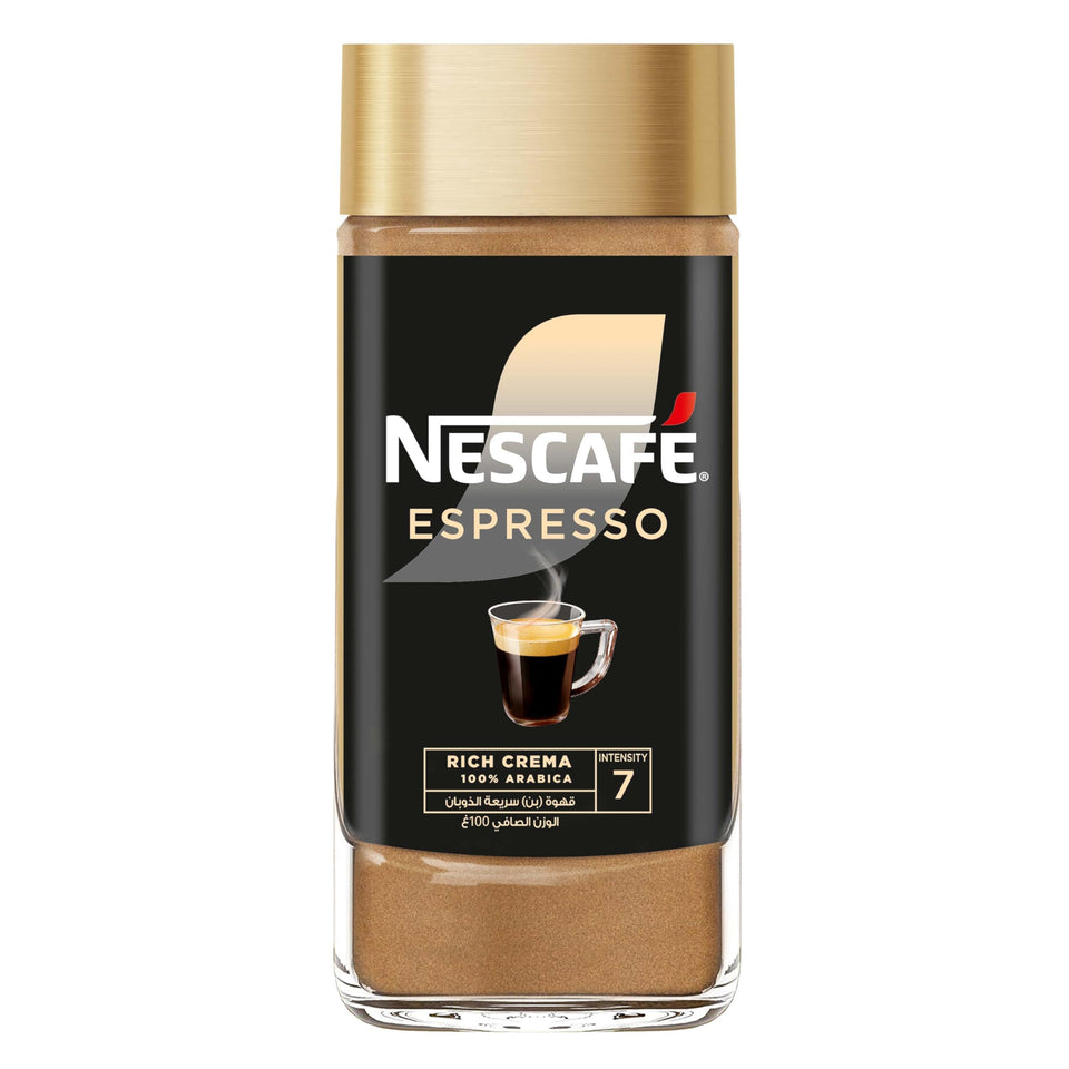 NESCAFÉ Gold Espresso jar front shows premium aroma for a brisk morning.