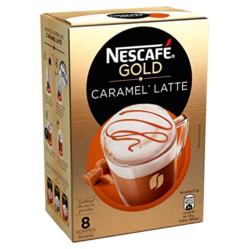 Nescafe Latte Caramel sticks in an 8-pack for quick morning coffee.