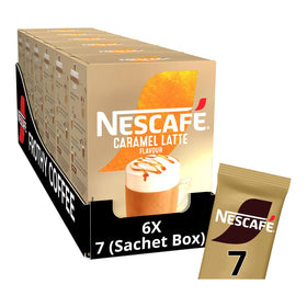 NESCAFÉ LATTE Caramel pack of six sachets, ideal for quick enjoyment.