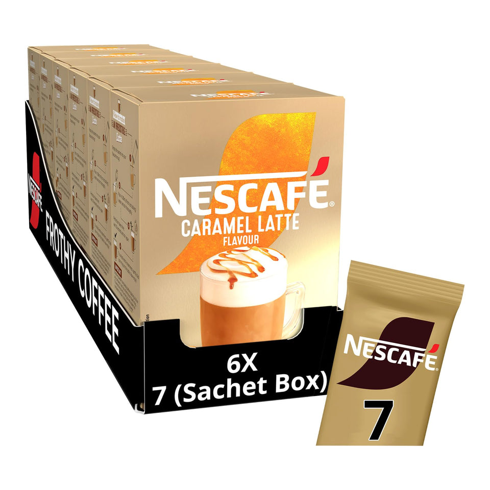 NESCAFÉ LATTE Caramel pack of six sachets, ideal for quick enjoyment.