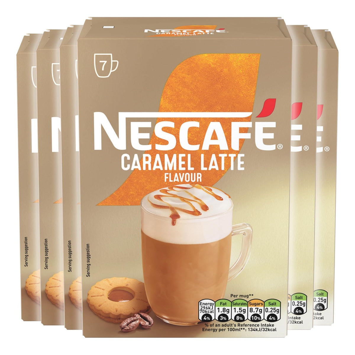Close-up of NESCAFÉ LATTE Caramel sachets highlighting premium ingredients.