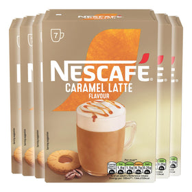 Close-up of NESCAFÉ LATTE Caramel sachets highlighting premium ingredients.