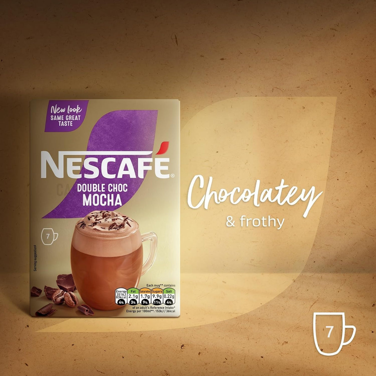 Pour a NESCAFÉ MOCHA Double Choco sachet into a mug for a rich mocha.