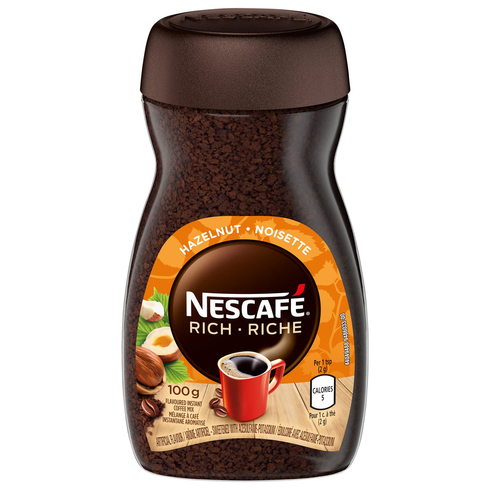 NESCAFÉ Rich Hazelnut instant coffee jar with aroma inviting morning energy.
