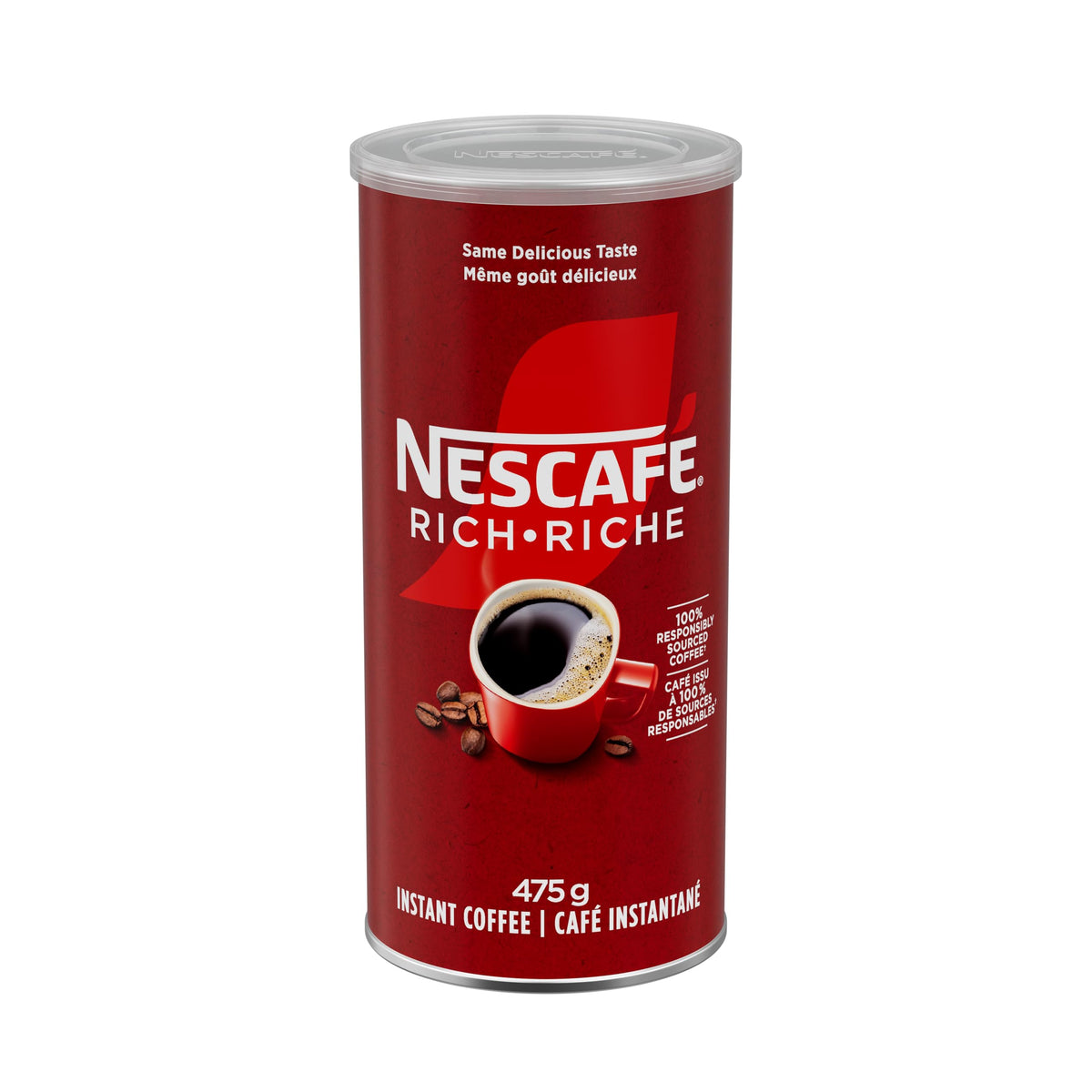 Nescafe Rich instant coffee tin front view for bold flavor and quick mornings.