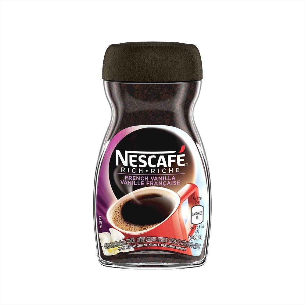 NESCAFÉ Rich Instant Coffee French Vanilla cup steaming, convenient flavor in seconds.