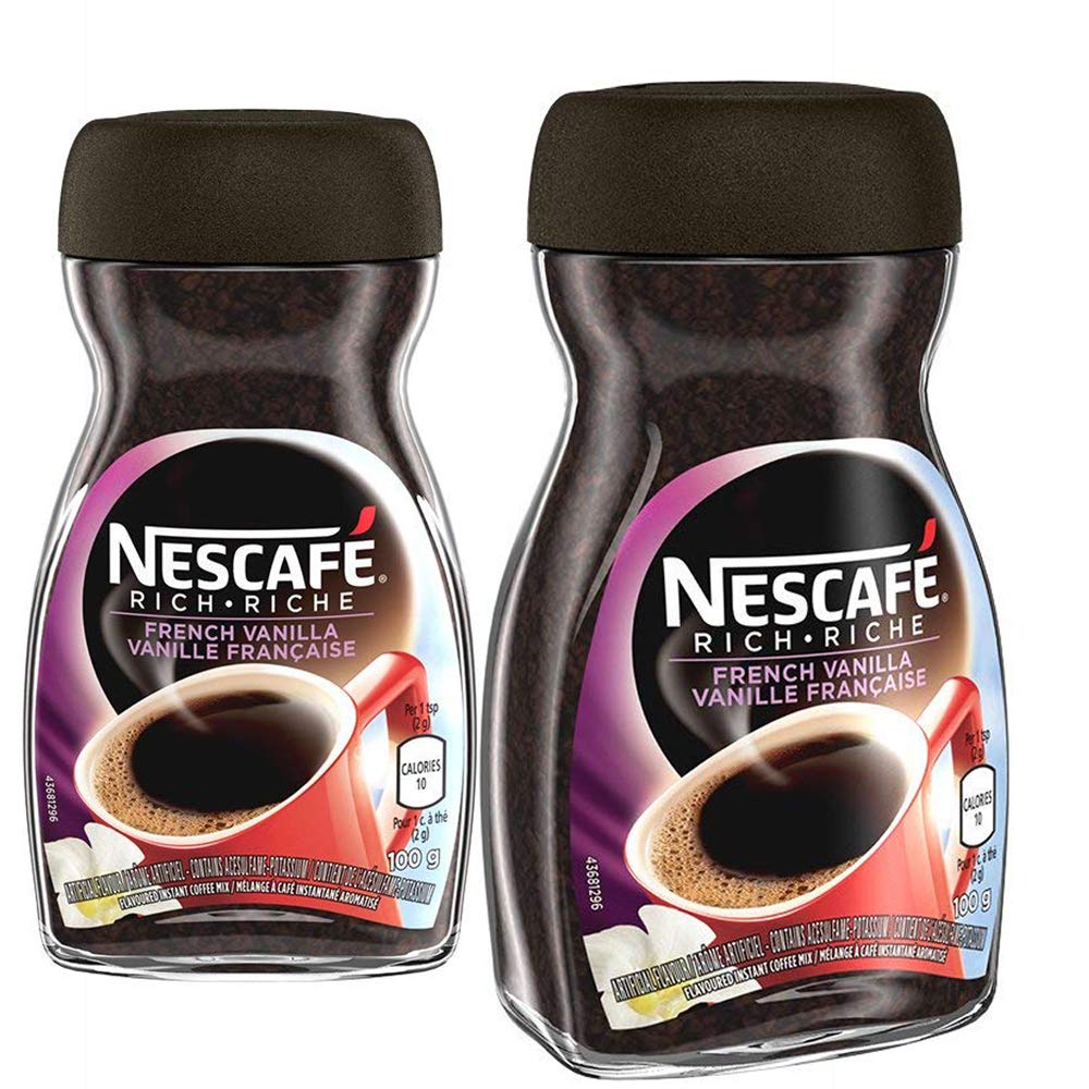NESCAFÉ Rich Instant Coffee French Vanilla jar closeup, rich aroma, great for quick mornings.
